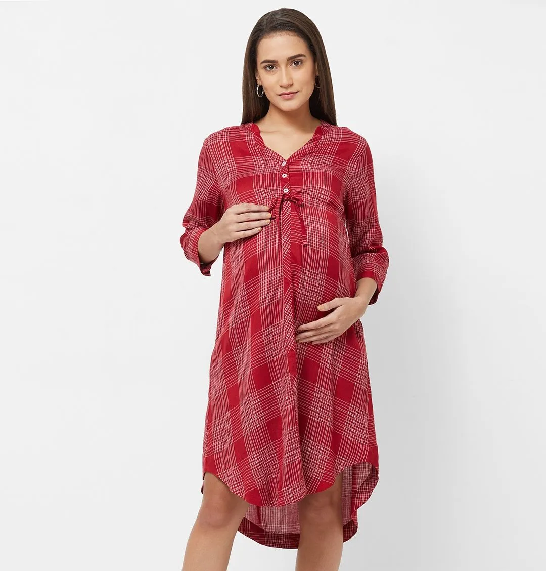 Mystere Paris Maternity Checked Dress - Red