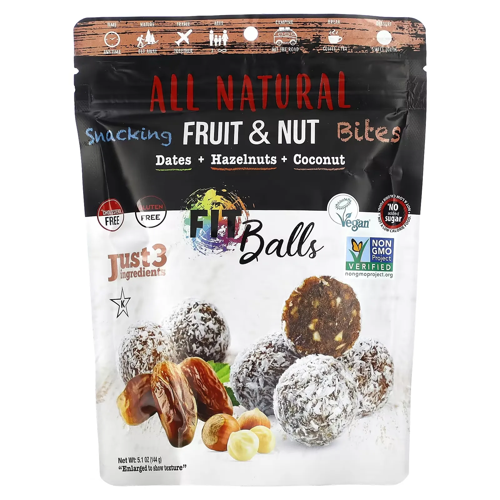 All Natural, Snacking Fruit & Nut Bites, Fit Balls, Dates + Hazelnuts + Coconut, 5.1 oz (144 g)