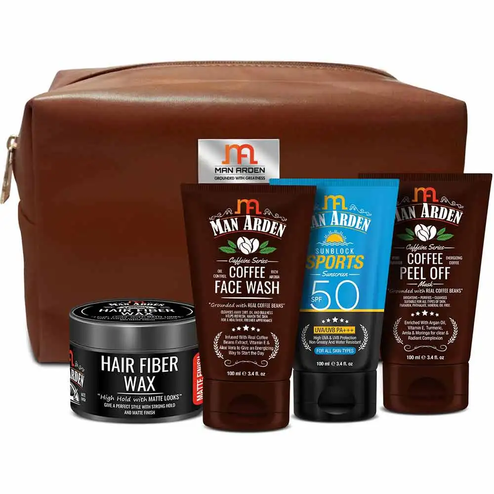 Man Arden Eccentric Grooming Combo,  4 Piece(s)/Pack  Coffee Face Wash, Peel Off Mask, Sunblock Sports Sunscreen, Hair Fiber Wax With Pouch