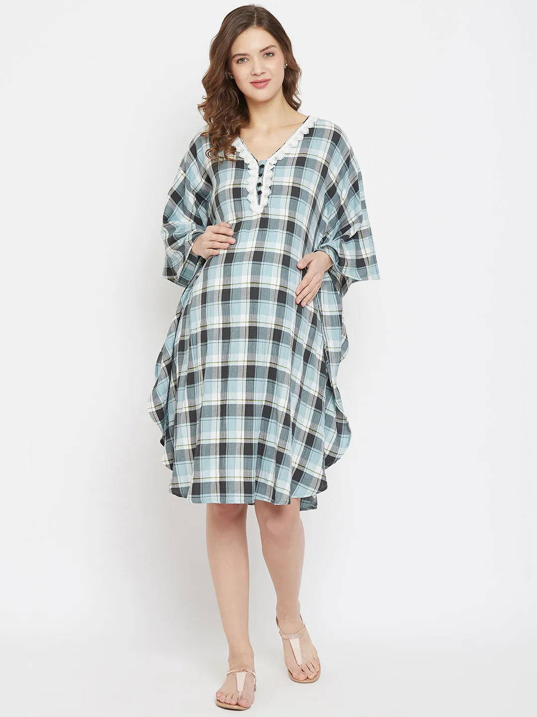 The Kaftan Company Checkered Knee Length Maternity And Feeding Dress With Lace - Blue