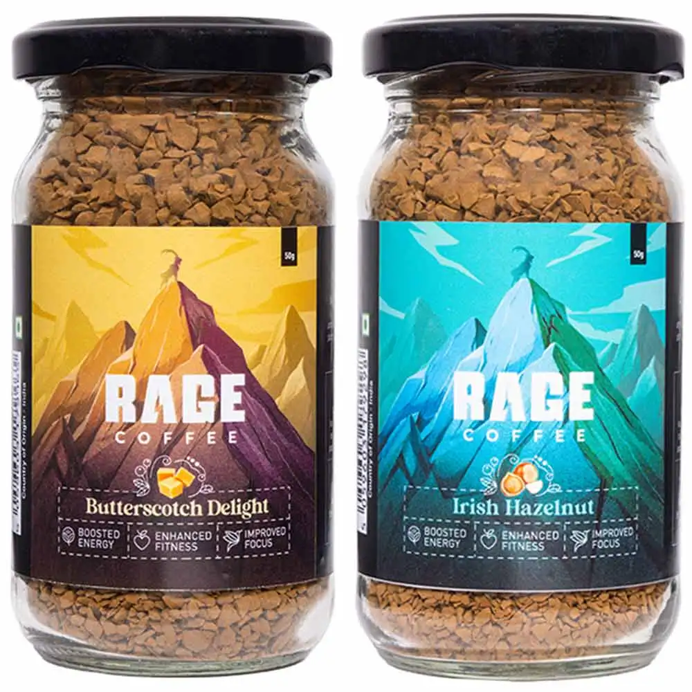 Rage Coffee Premium Arabica Instant Coffee Combo Pack of 2,  50 g  Butterscotch Delight & Irish Hazelnut