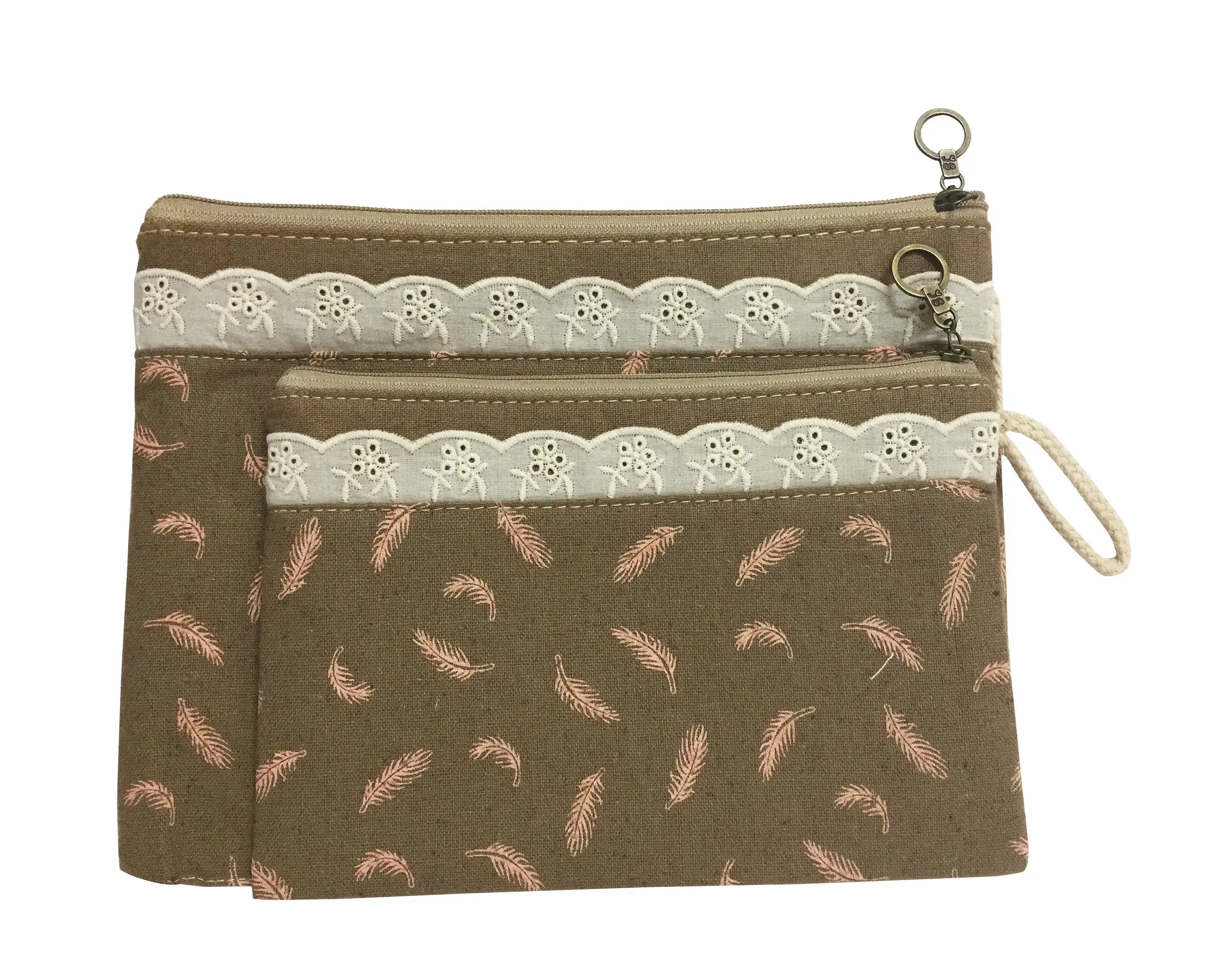 Bag of Small Things Fabric Multipurpose Brown Feather Travel Pouch - Set of 2