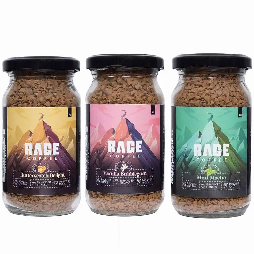 Rage Coffee Premium Arabica Instant Coffee Combo Pack of 3,  50 g  Butterscotch Delight, Vanilla Bubblegum & Mint Mocha