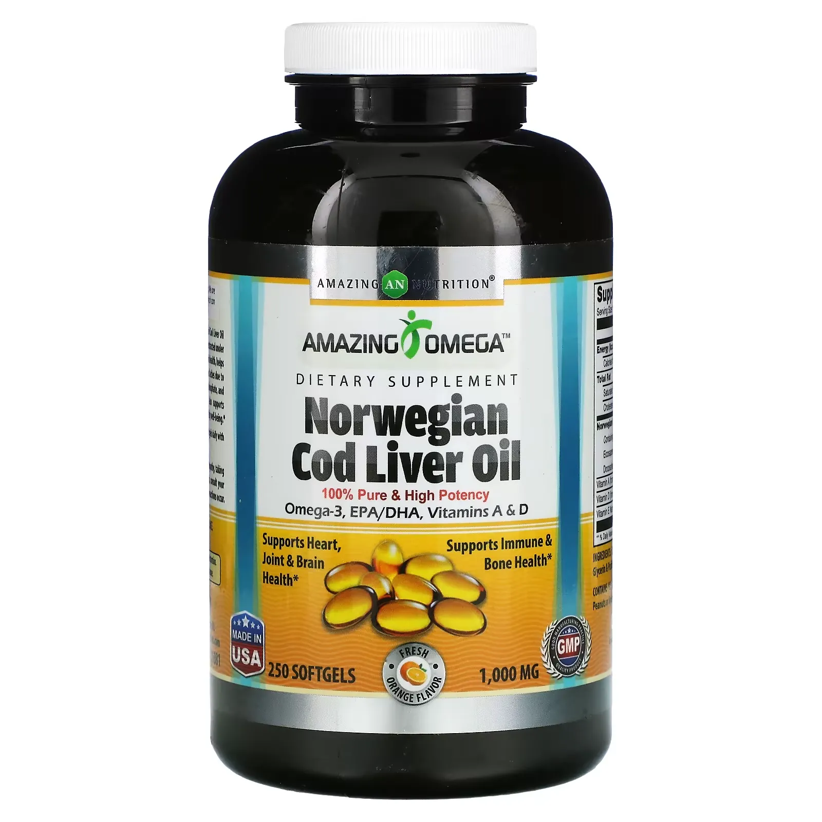 Norwegian Cod Liver Oil, Fresh Orange, 1,000 mg, 250 Softgels