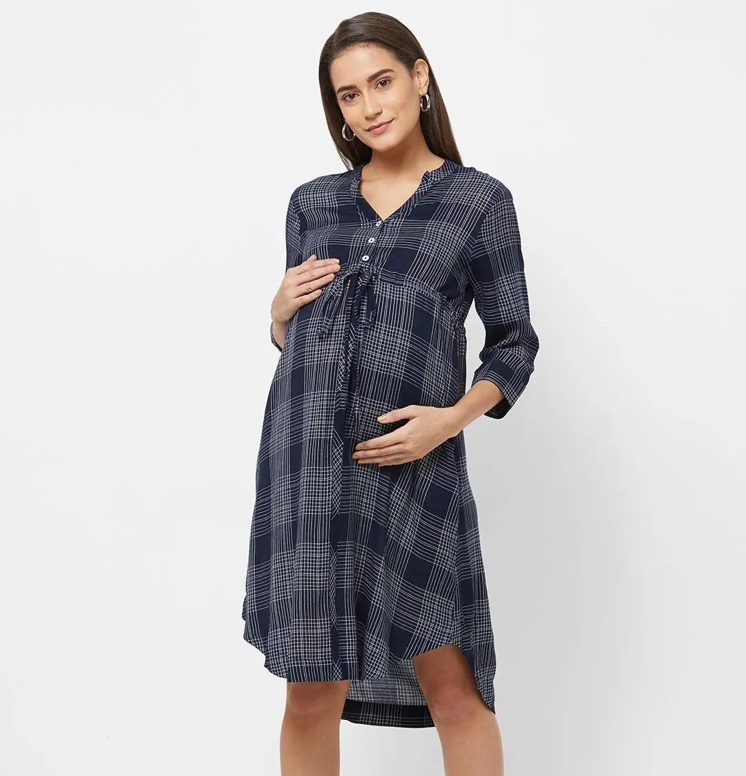 Mystere Paris Maternity Checked Dress - Blue