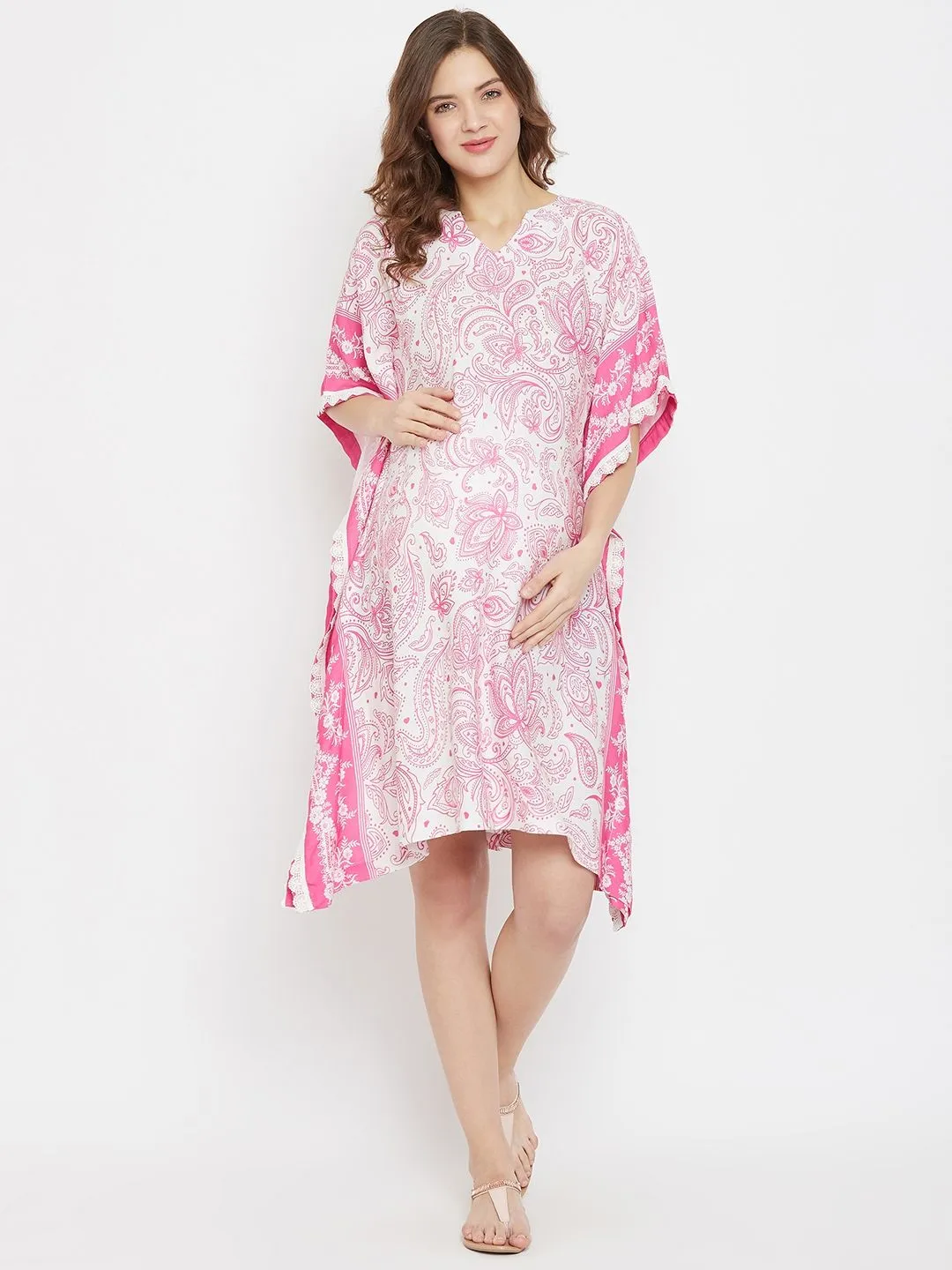 The Kaftan Company Fleurs Blanches Knee Length Maternity Kaftan Dress With Lace - Pink (L)