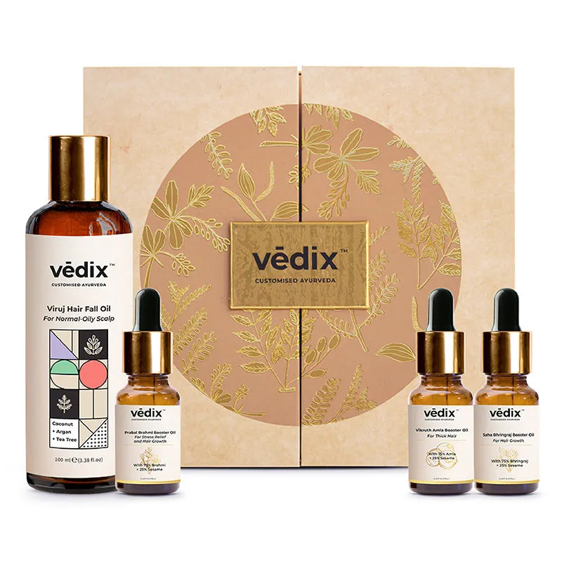 Vedix Base+Booster Oil Combo For Hair Fall-Normal/Oily Scalp - Viruj Anti-HairFall Oil-4 Product Kit