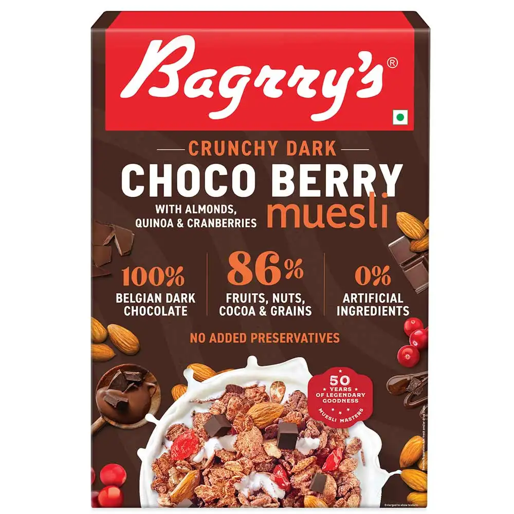 Bagrrys Crunchy Dark Choco Berry Muesli,  500 g  100% Belgian Dark Chocolate