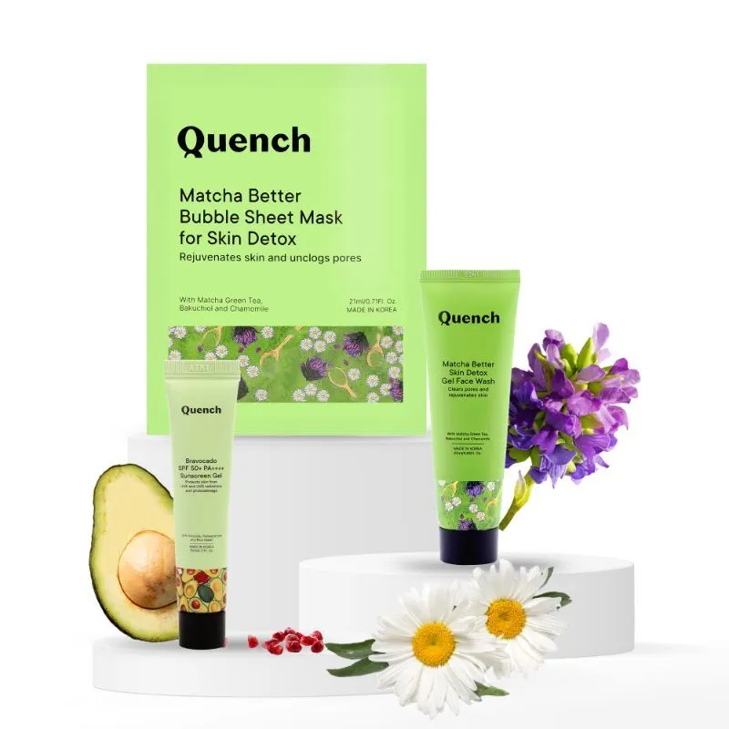 Quench Summer Kit, Skin Detox Gel Face Wash, Bubble Sheet Mask, Bravocado SPF 50+ Sunscreen Gel