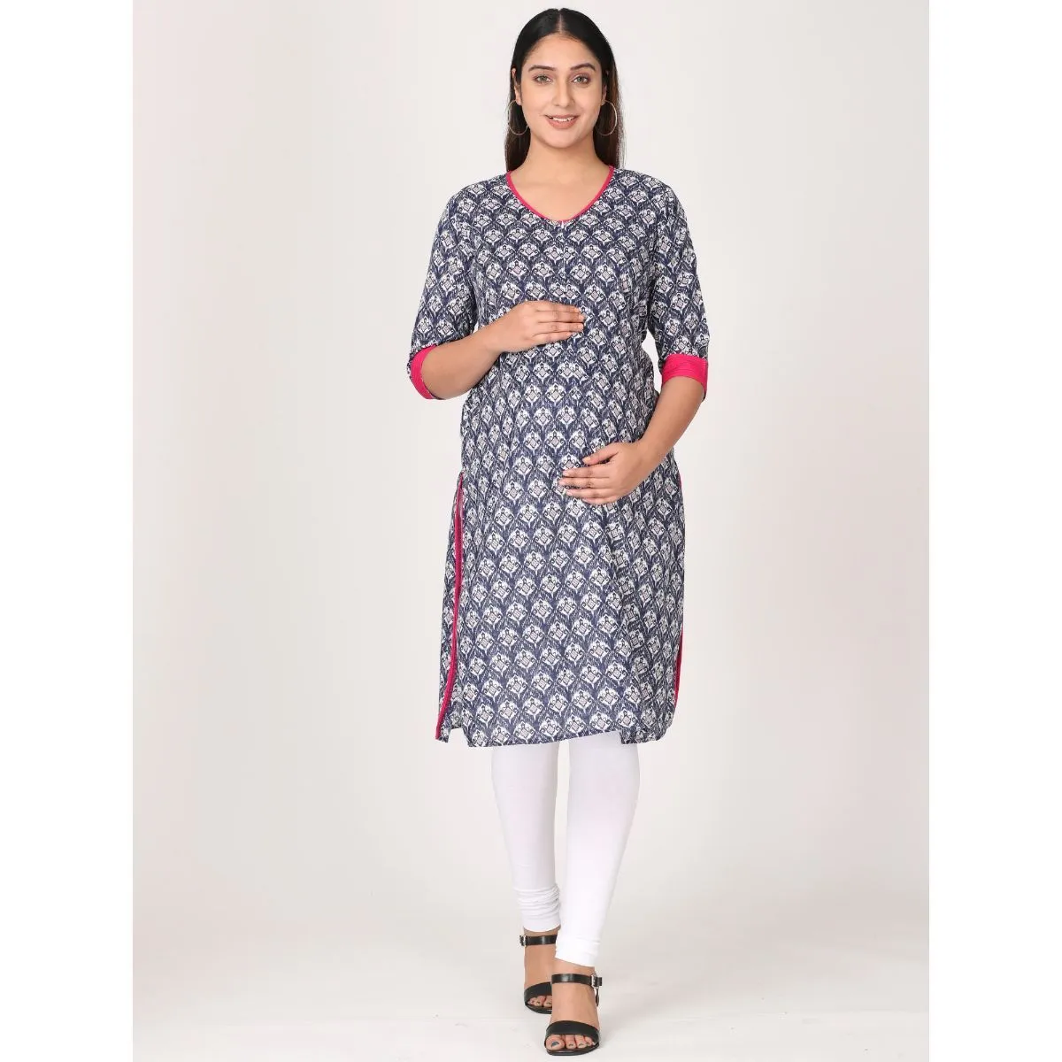 Morph Maternity Feeding Kurta With Vertical Nursing - Navy Blue (M)