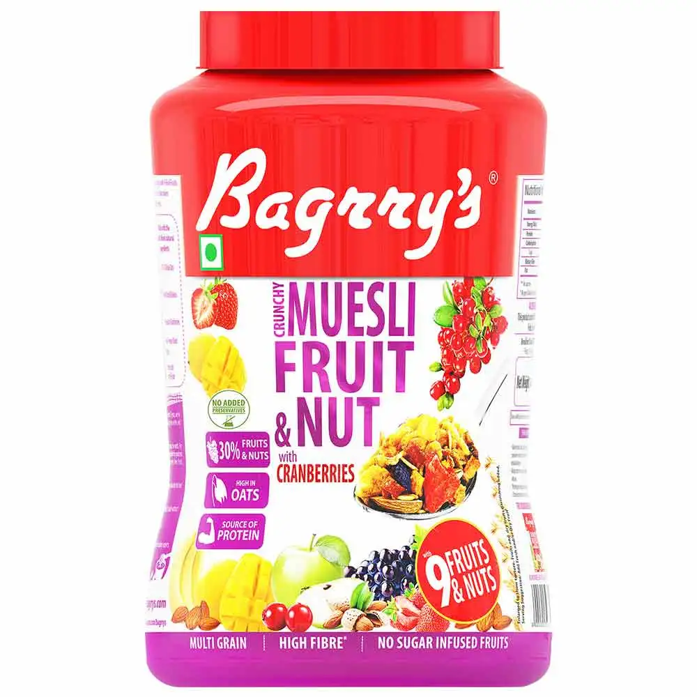 Bagrrys Crunchy Muesli with 30% Fruit & Nut with Cranberries,  1 kg  34% Rich Fiber Oats