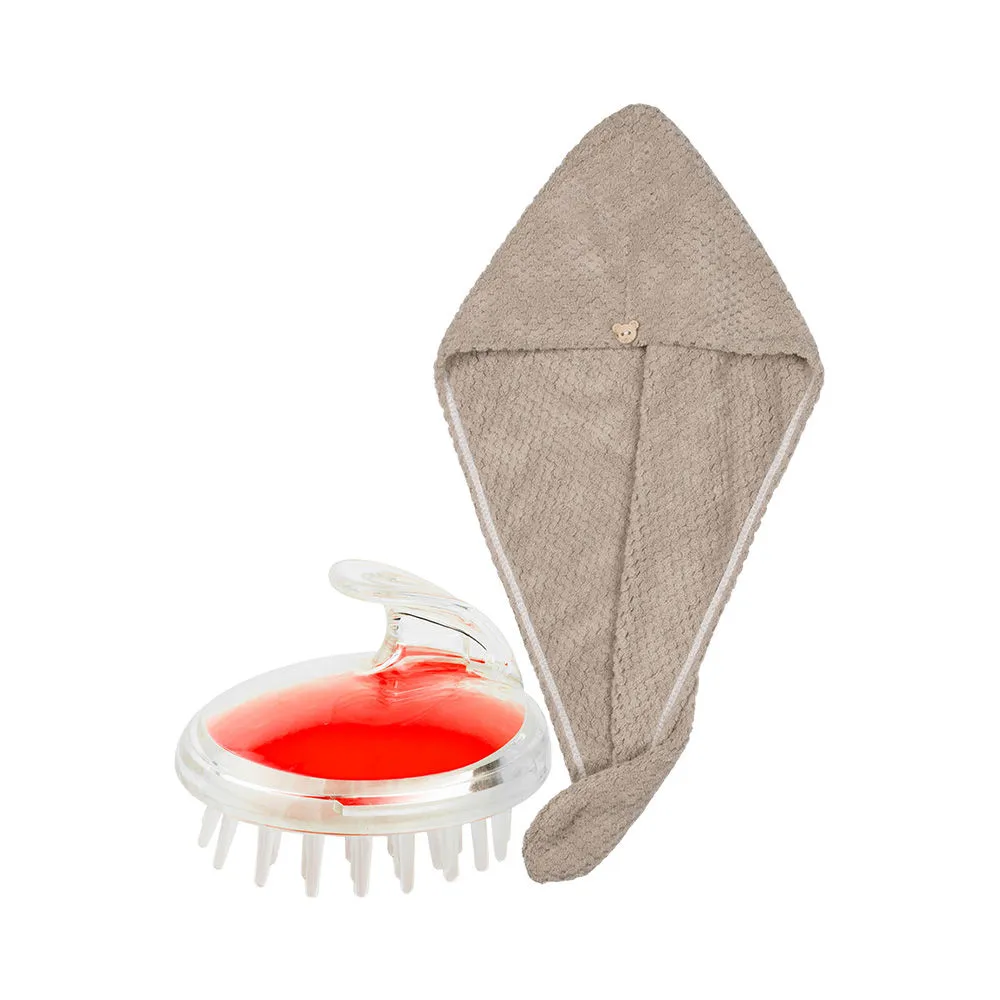 Streak Street Microfiber Hair Towel- Cappuccino + Candy Apple Red Scalp Massager And Shampoo Brush