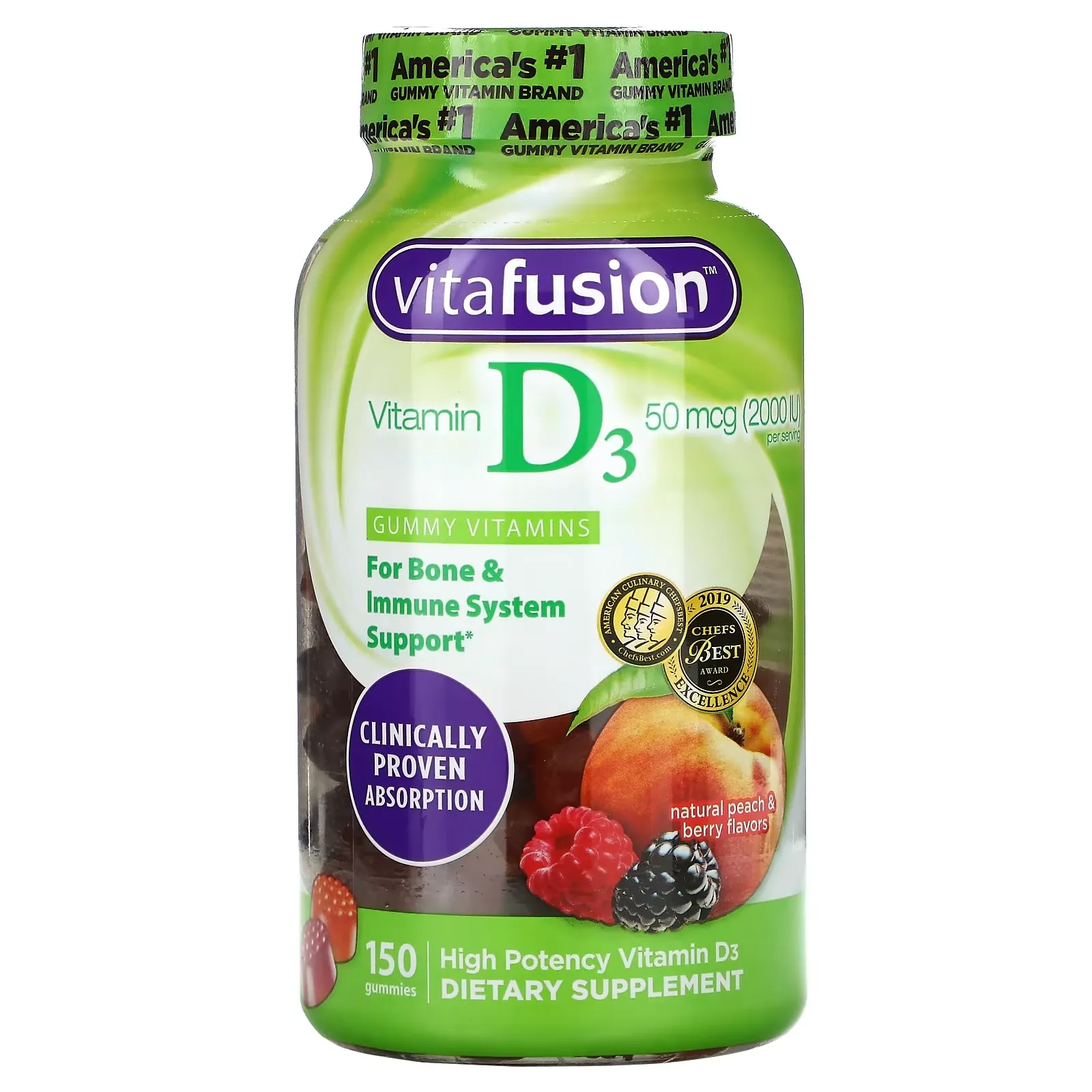 Vitamin D3, Natural Peach & Berry, 25 mcg (1,000 IU), 150 Gummies