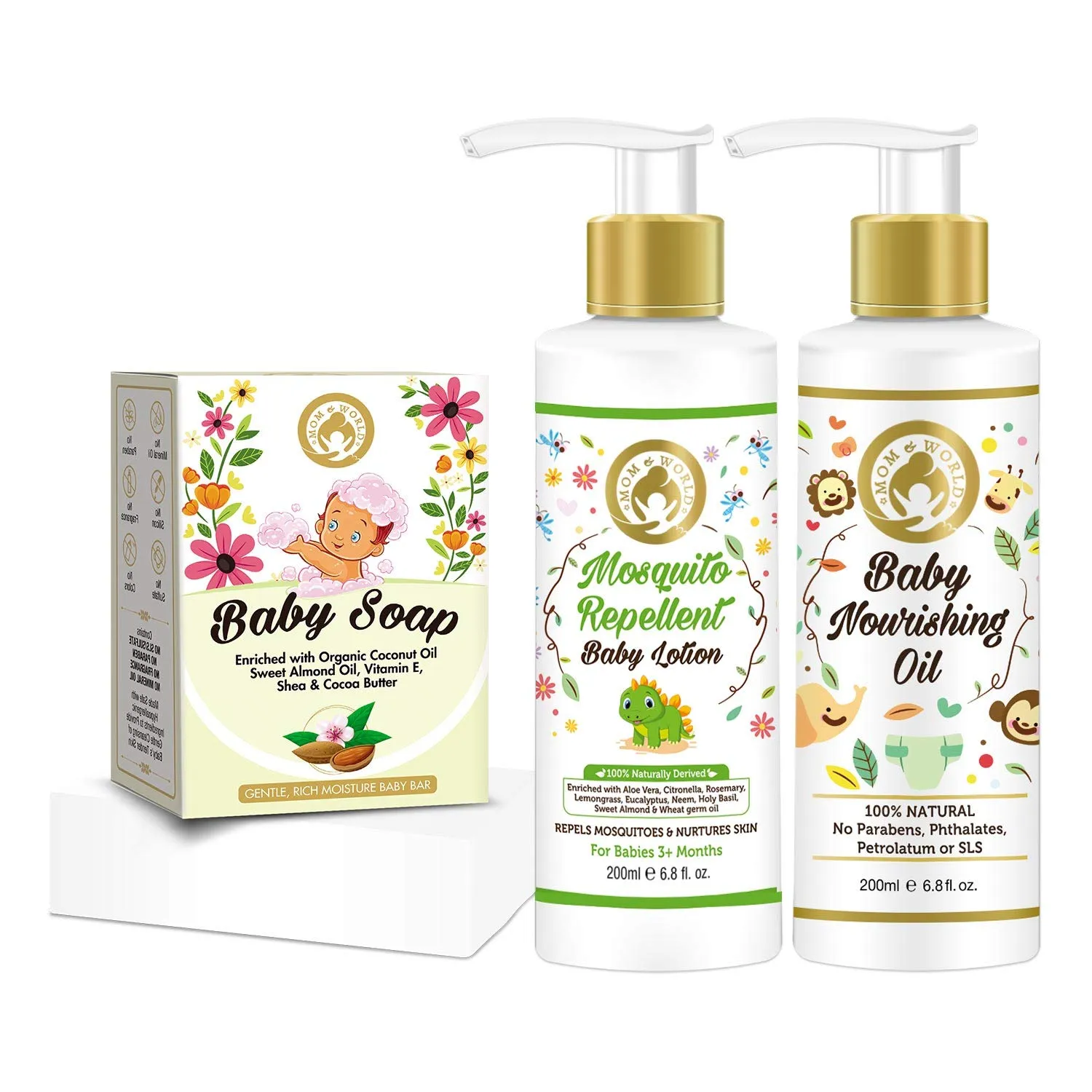 Mom & World Gentle Baby Care - Baby Soap + Mosquito Repellent Baby Lotion + Baby Nourishing Oil