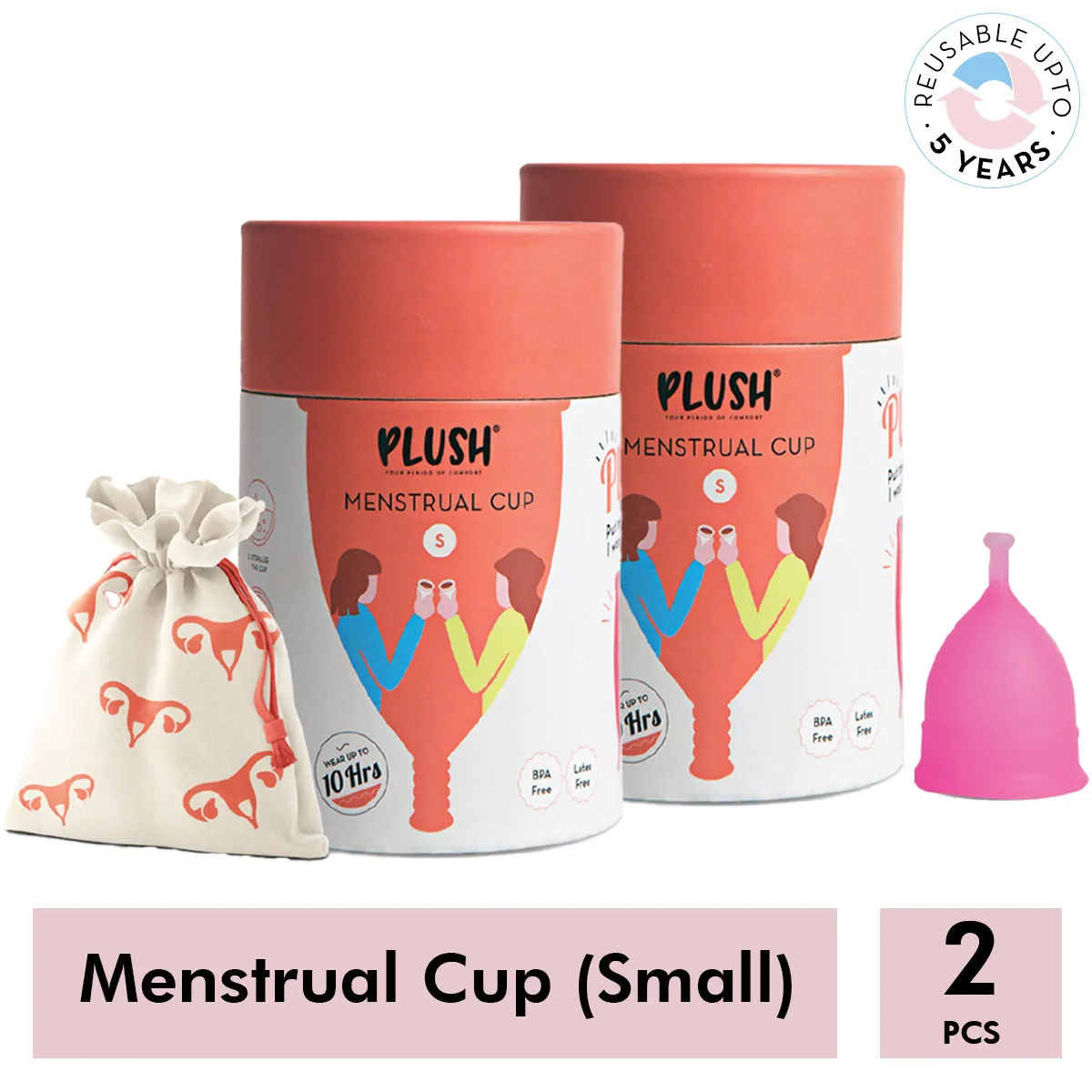 Plush 100% Reusable Menstrual Cup Small with Cotton Carry Pouch - Pack of 2