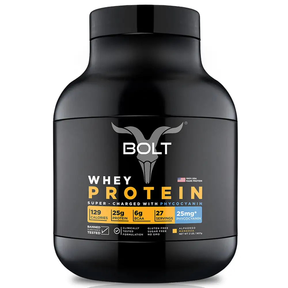 Bolt Whey Protein Super-Charged With Phycocyanin,  2 lb  Alphonso Mangoza