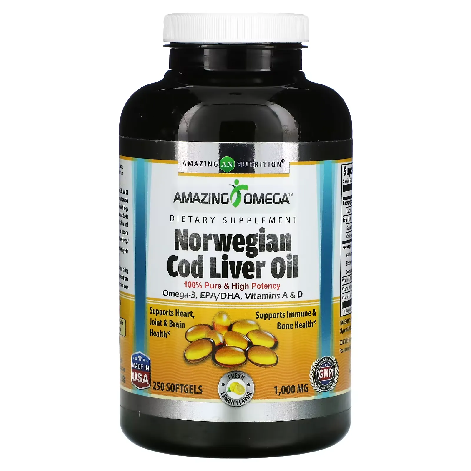 Norwegian Cod Liver Oil, Lemon, 1,000 mg, 250 Softgels