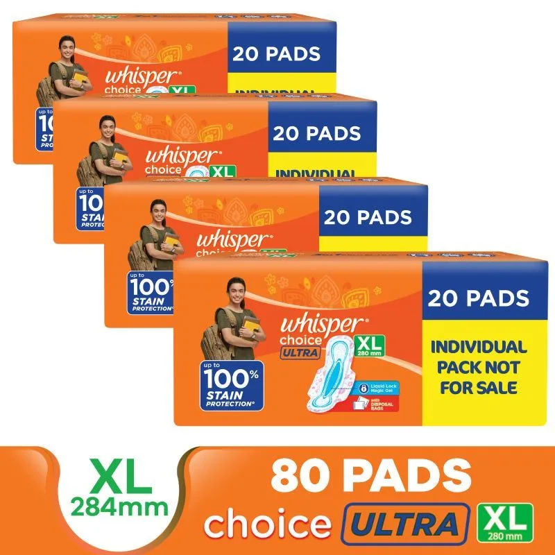 Whisper Choice Ultra XL Thin XL Sanitary Pads-upto 100% Stain protection with side safe Wings,80 Pad