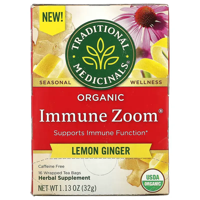 Organic Immune Zoom, Lemon Ginger, Caffeine Free, 16  Wrapped Tea Bags, 1.13 oz (32 g)