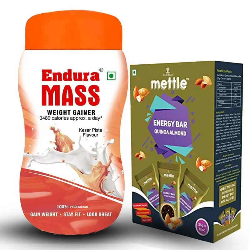 Endura Mass Weight Gainer Kesar Pista With Mettle Quinoa Almond Energy Bars Combo