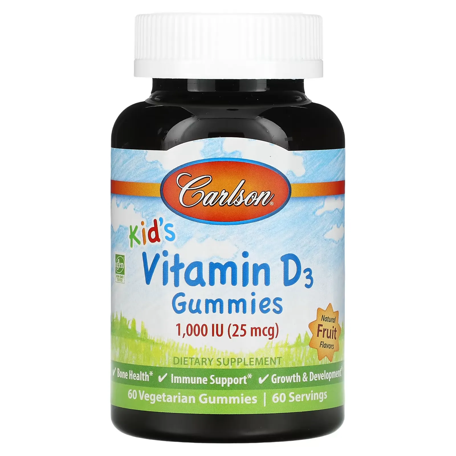 Kid's, Vitamin D3 Gummies, Natural Fruit, 25 mcg (1,000 IU), 60 Vegetarian Gummies