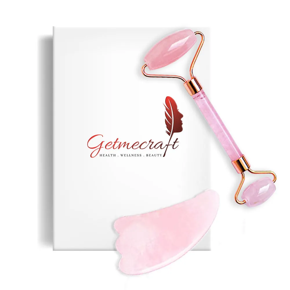 Getmecraft Rose Quartz Face Roller And Wing Shaped Gua Sha Facial Tool