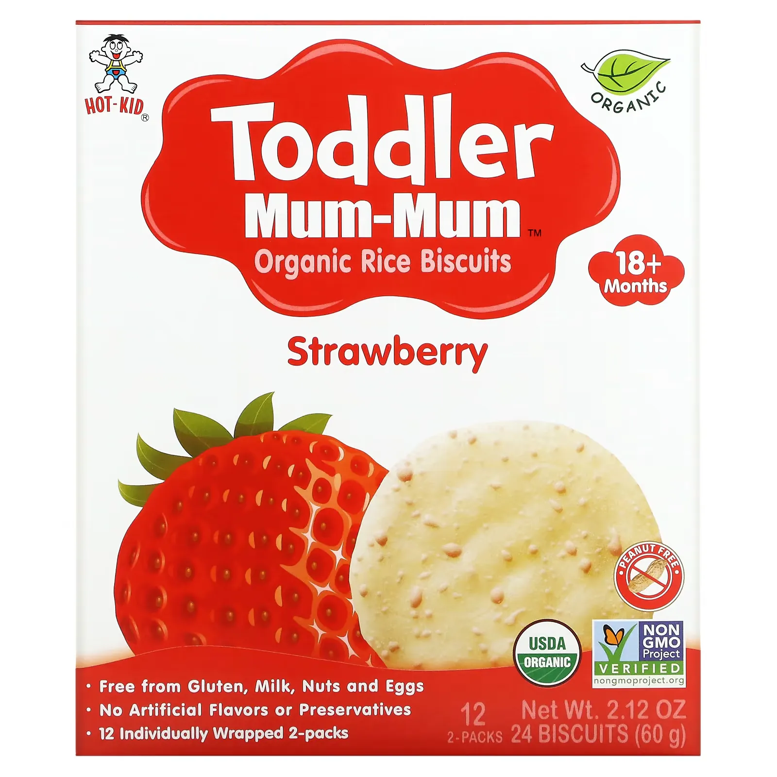 Toddler Mum-Mum, Organic Rice Biscuits, 18+ Months, Strawberry, 12 Packs, 2 Biscuits Each