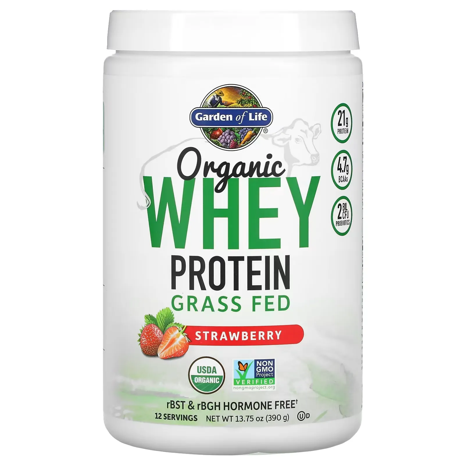 Organic Whey Protein, Grass-Fed, Strawberry, 13.75 oz (390 g)