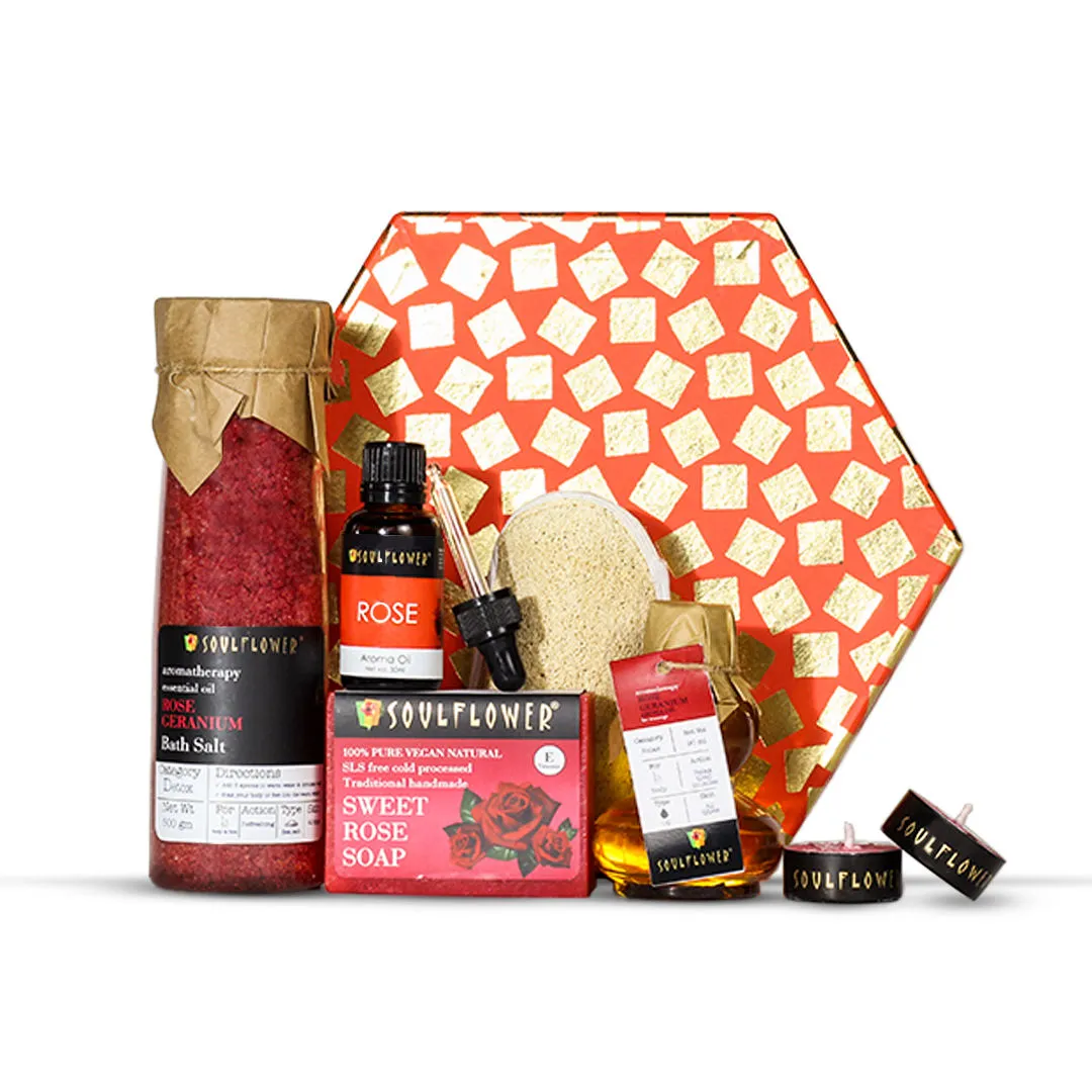 Soulflower Valentines Gift Set For Men Women - Romantic Rose Hexagon Bath & Body Gift Set