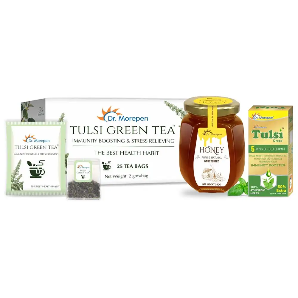 Dr. Morepen Tulsi Drop - 30ml, Tulsi Green Tea - 25 Bags, Natural & Pure Honey Combo,  250 g