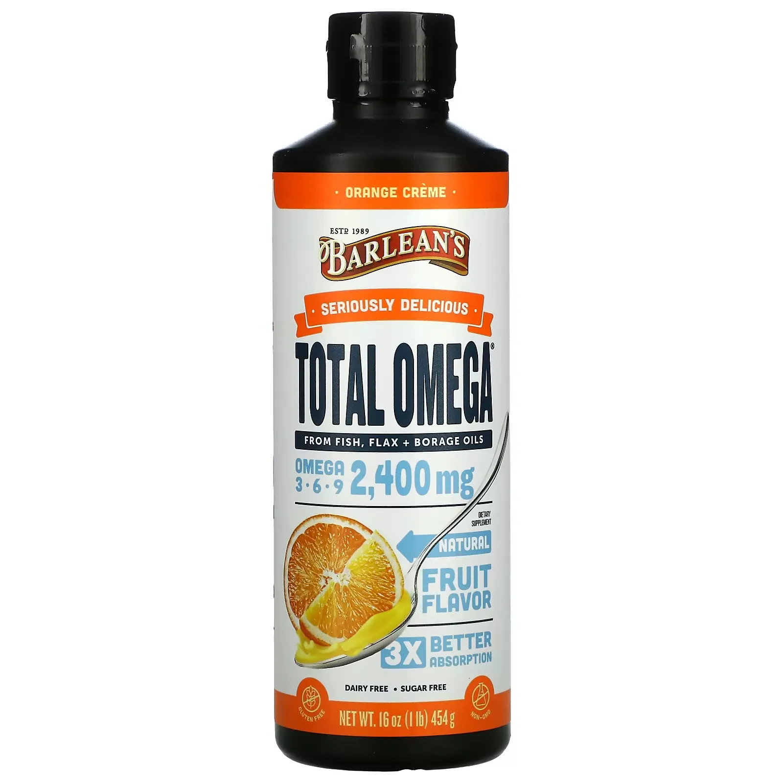 Total Omega 3 · 6 · 9, Orange Creme, 2,400 mg, 16 oz (454 g)