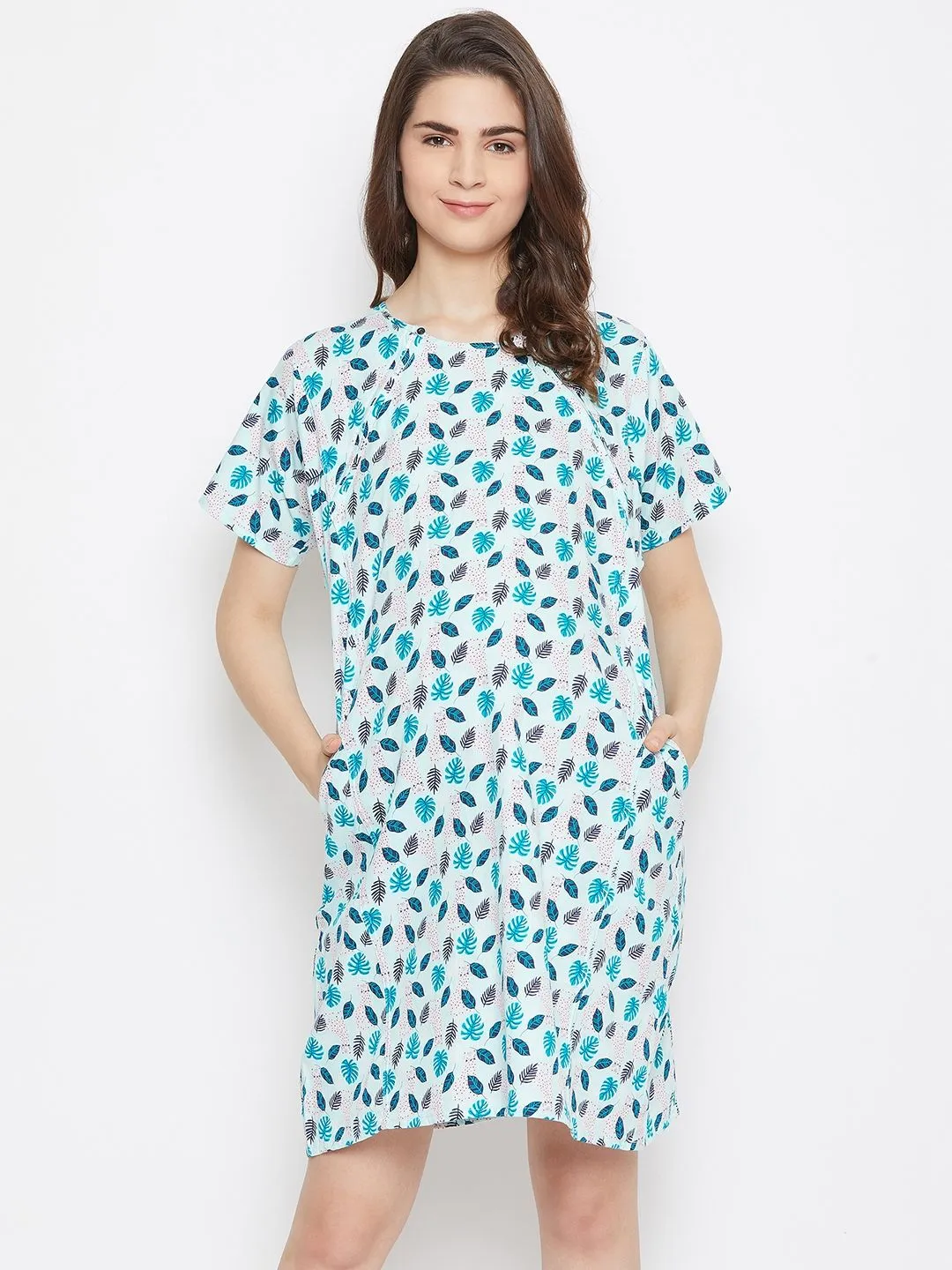 The Kaftan Company Blue Printed Maternity Nigthdress