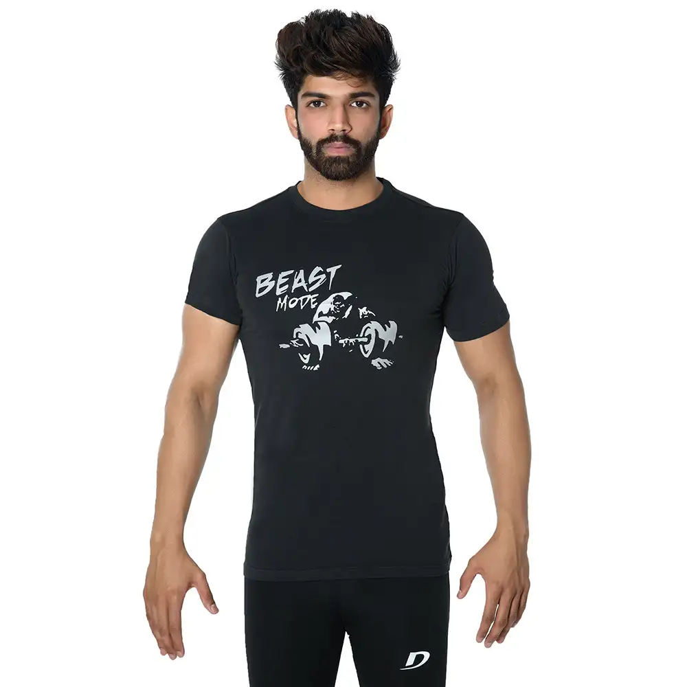 DK Active Wear Half Sleeve Gym T Shirt (Beast Mode),  Black and Silver  Small