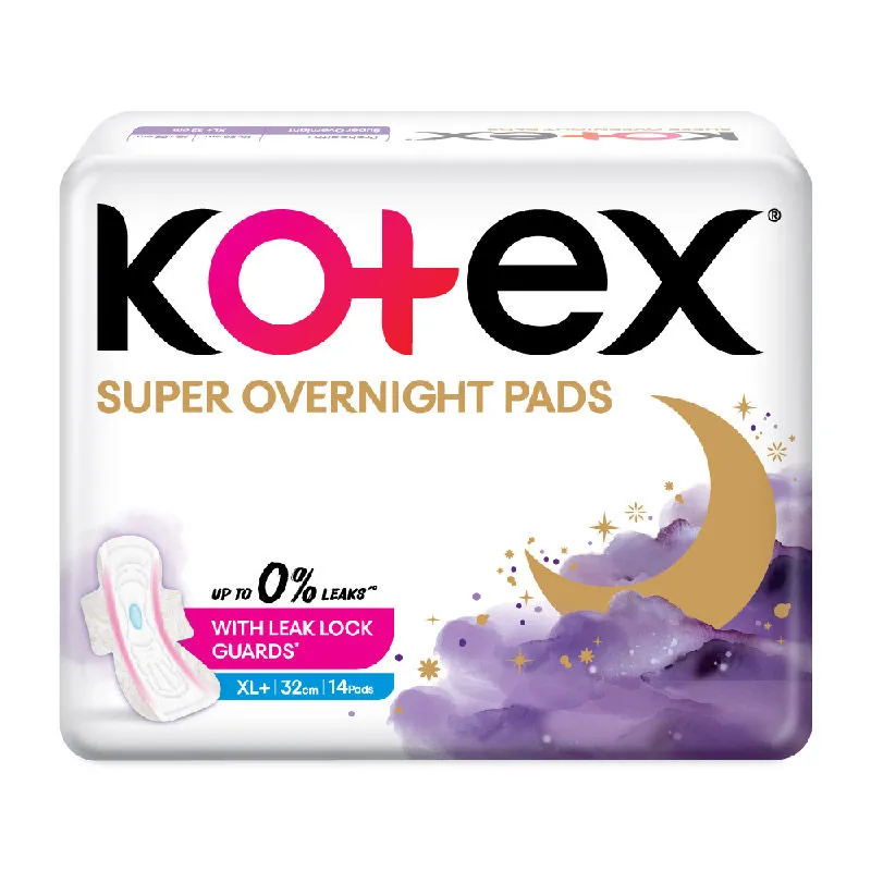 Kotex Super Overnight Sanitary Pads For Women - Xl+ 14 Night Pads With Leak Lock Guards