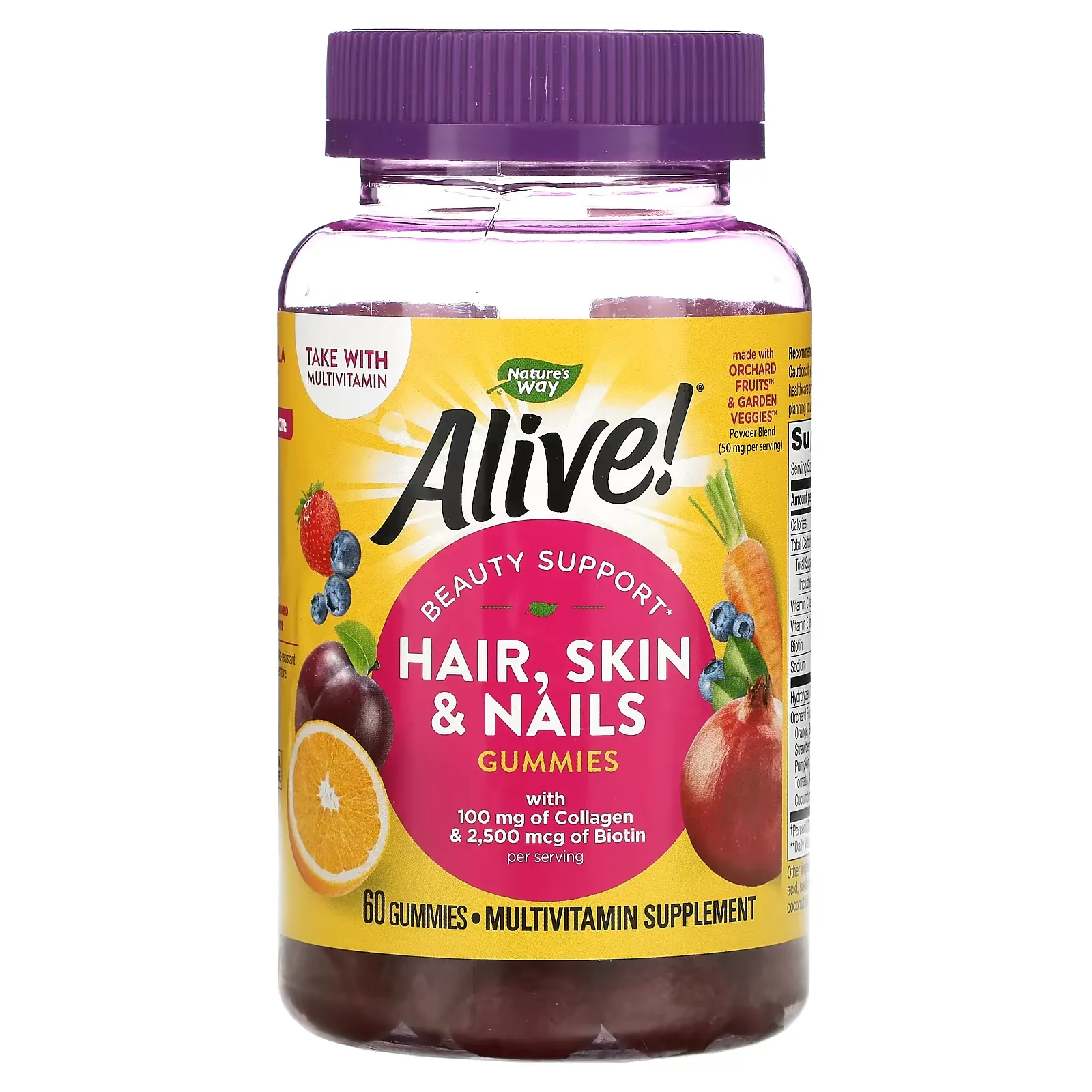 Alive! Hair, Skin & Nails with Collagen & Biotin, Strawberry, 60 Gummies