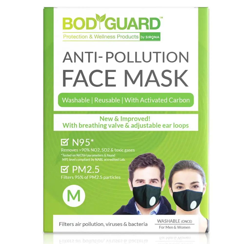 BodyGuard N95 + PM2.5 Anti Pollution Face Mask with Valve and Activated Carbon,  Black (Medium)