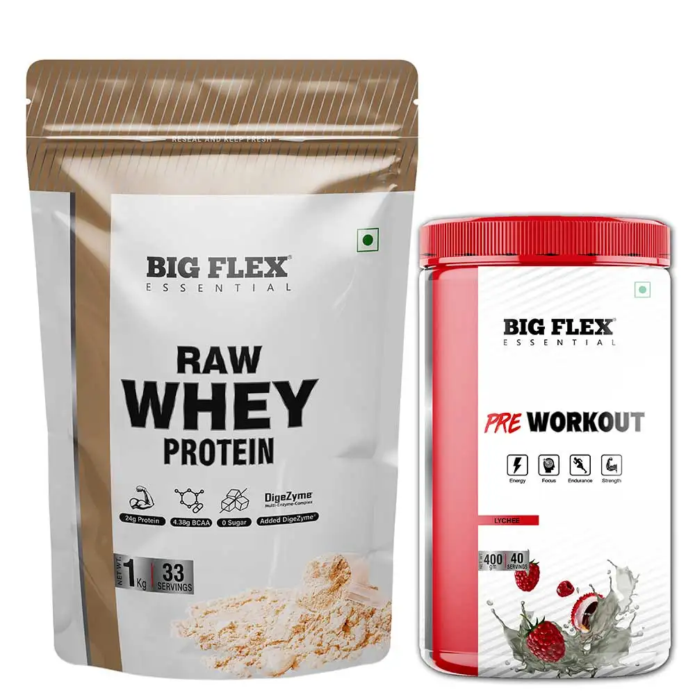 Big Flex Essential Raw Whey Protein,  2.2 lb  Unflavoured with Bigflex Essential Pre-Workout Lychee 400g