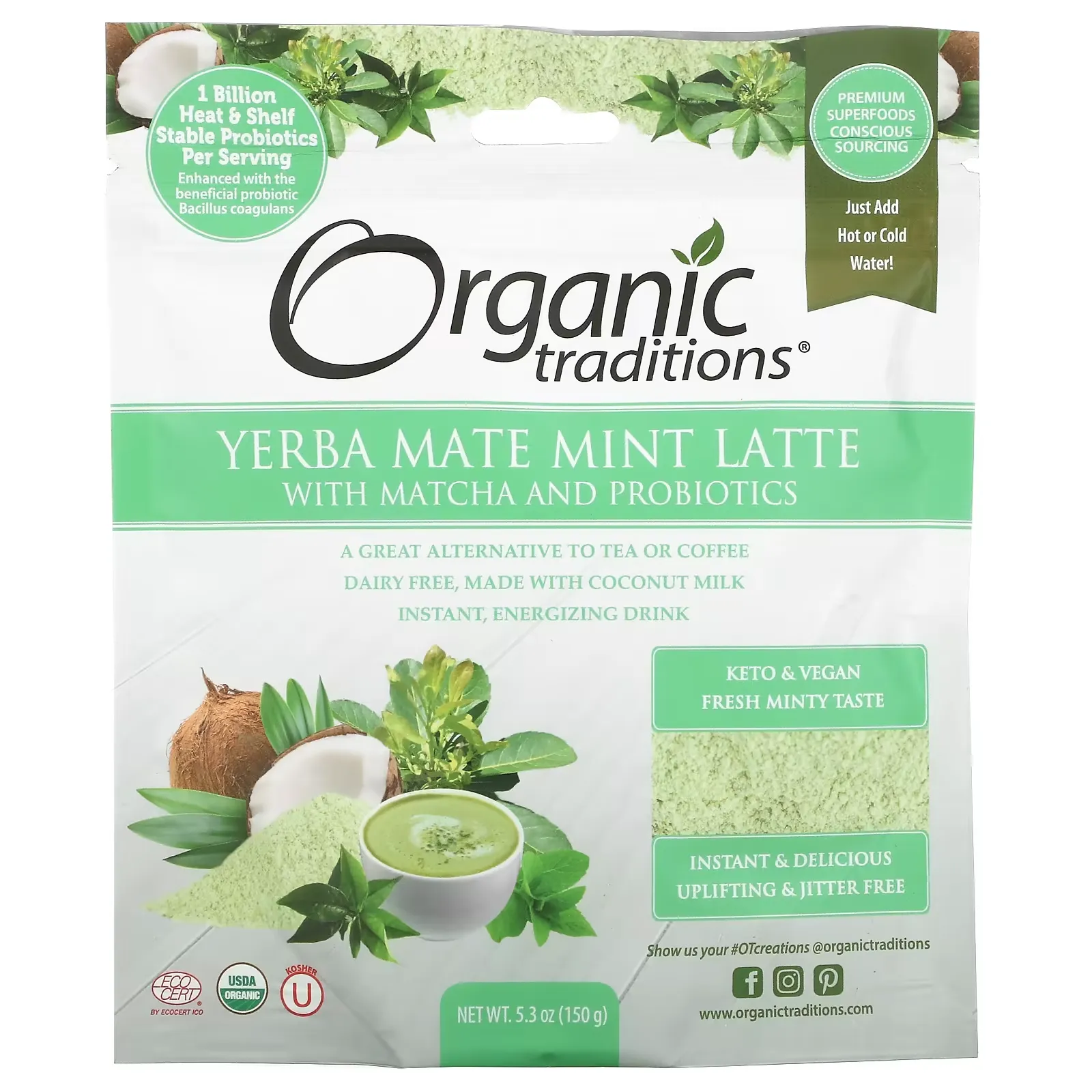 Yerba Mate Mint Latte with Matcha and Probiotics, 5.3 oz (150 g)