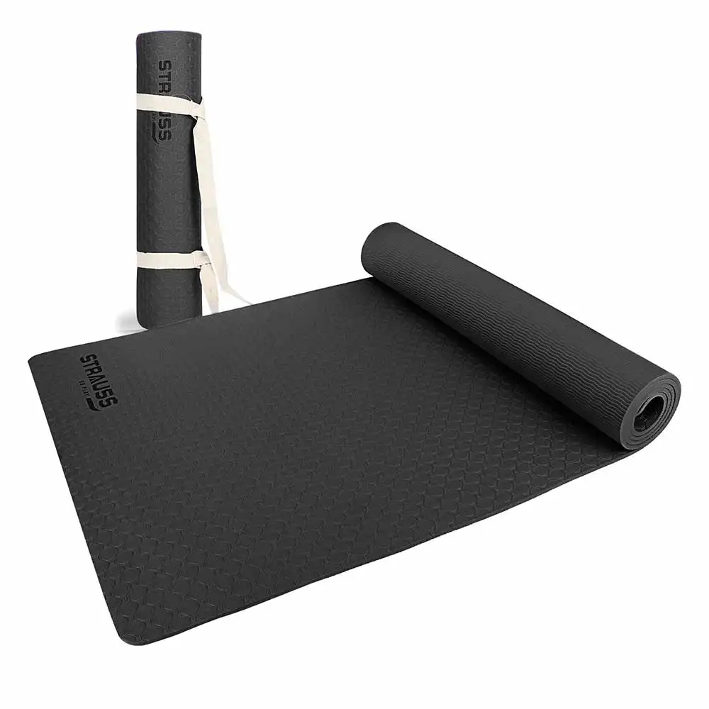 Strauss Anti Skid TPE Yoga Mat with Carry Strap,  Black  4mm