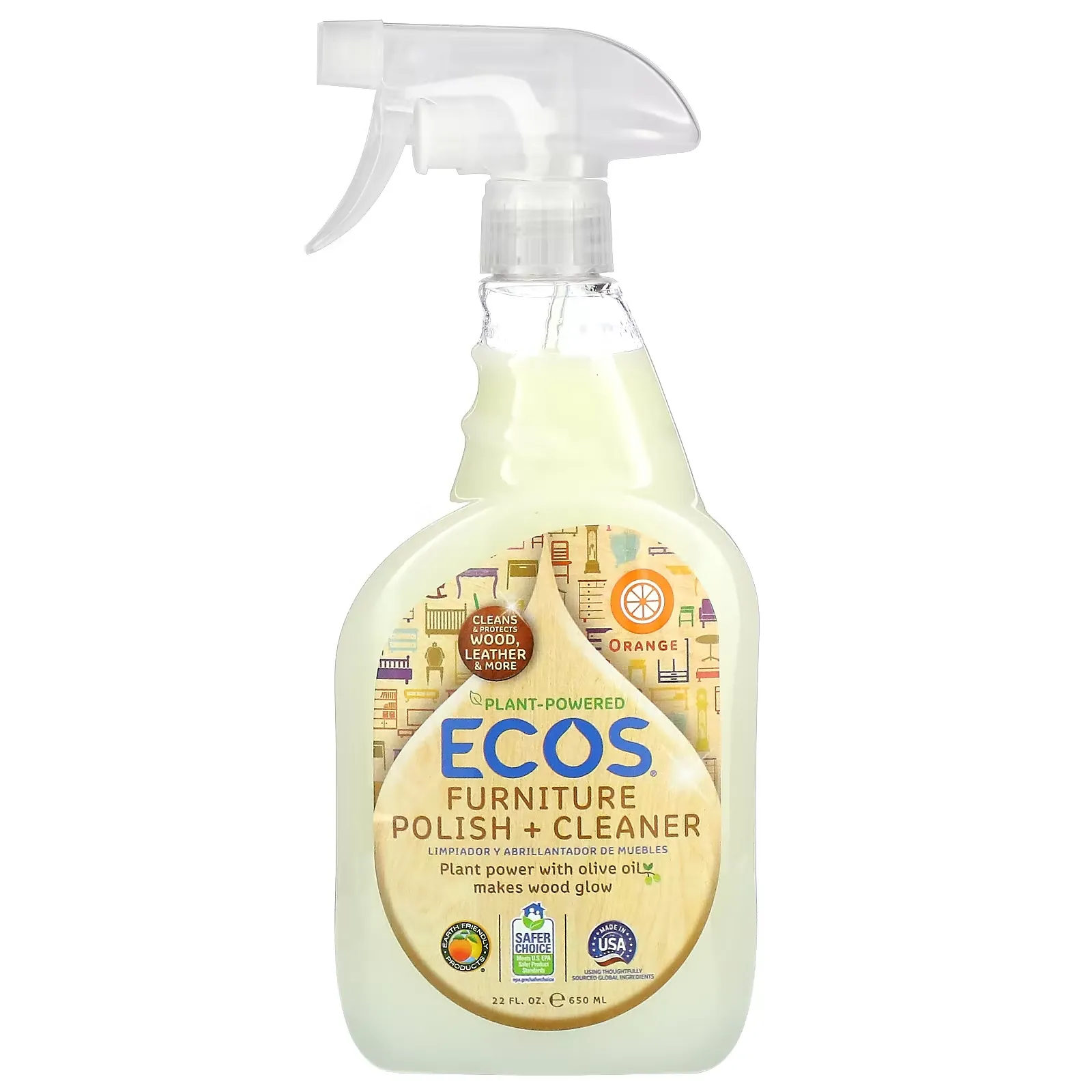 Ecos, Furniture Polish +  Cleaner, Orange, 22 fl oz (650 ml)