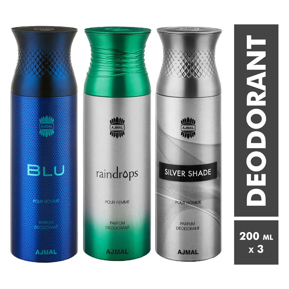 Ajmal Blu, Raindrop s& Silver Shade Parfum Deodorant For Men and Women - Pack Of 3