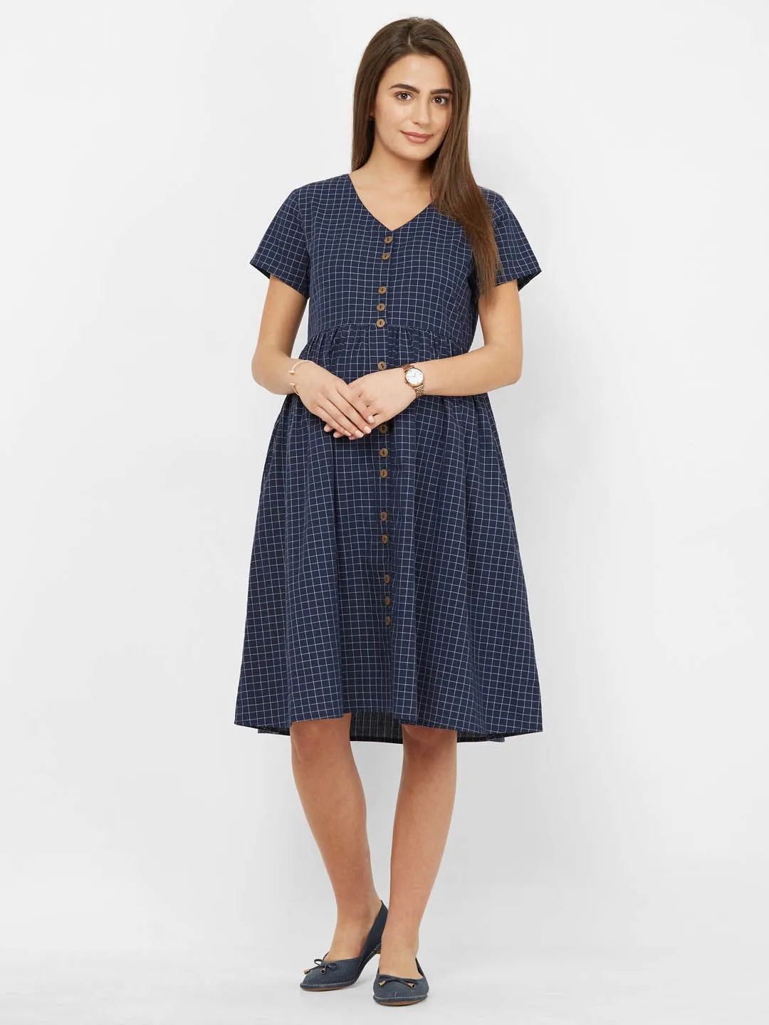 Mystere Paris Classic Checked Maternity Dress - Blue