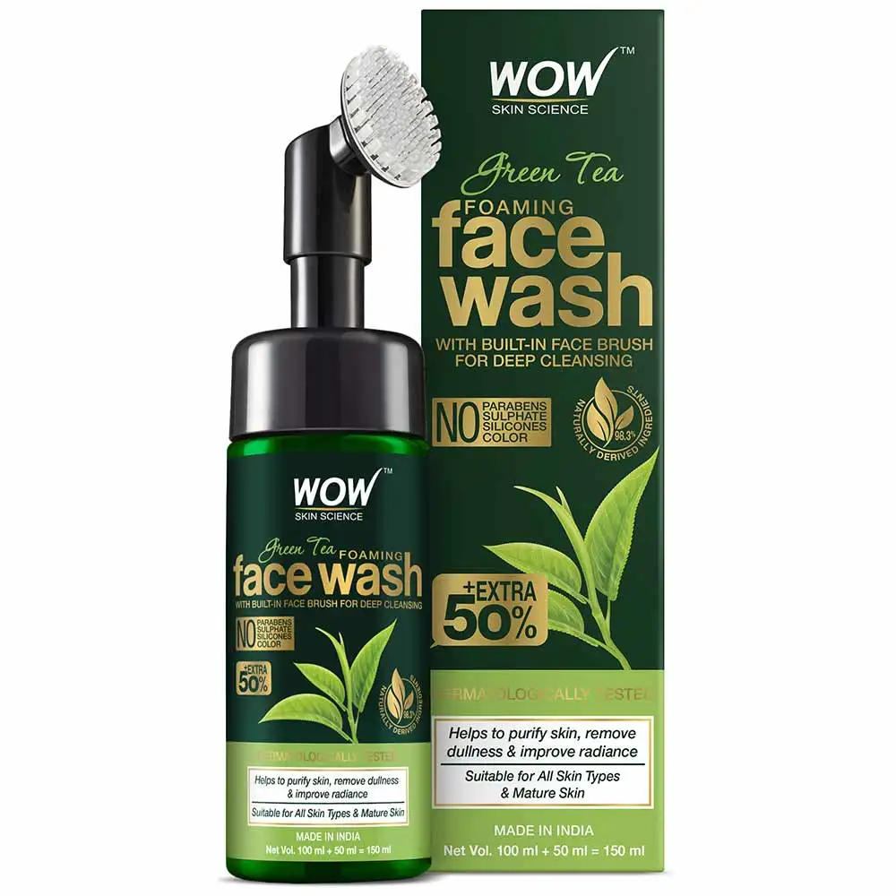 WOW Skin Science Green Tea Foaming Face Wash,  100 ml  with Built-In Face Brush