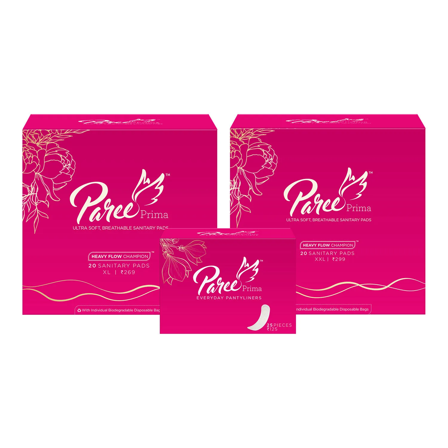 Paree Prima Ultra soft Breathable Sanitary Pads XL (20), XXL(20) and Pantyliners (25)- 65's