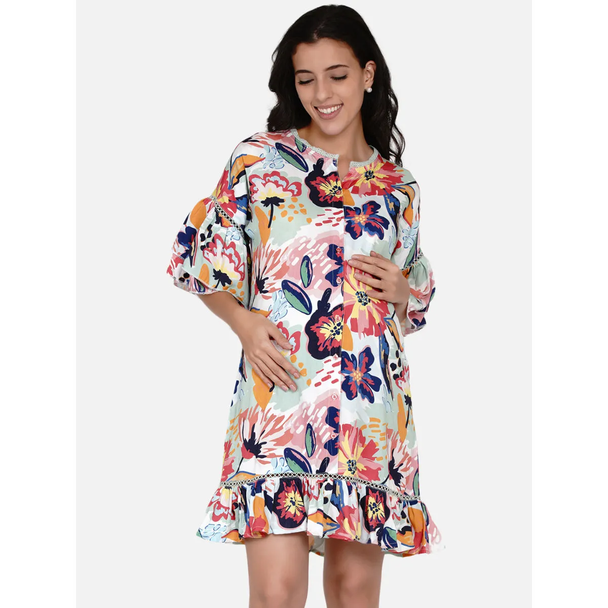 The Kaftan Company Brushed Flora Ruffled Maternity And Nursing Dress Multi-Color