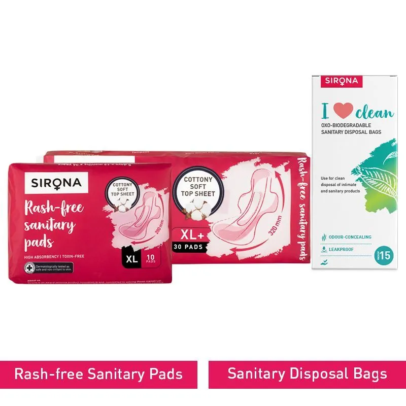 Sirona Cottony Soft Rash Free Sanitary Pads Combo - Pack Of 10 & 30 With Sanitary Disposal Bags