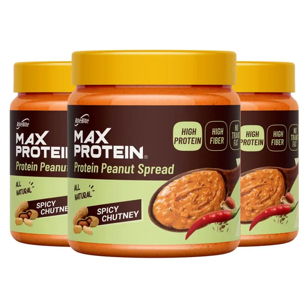 RiteBite Max Protein Peanut Spread,  0.340 kg  Spicy Chutney Pack of 3