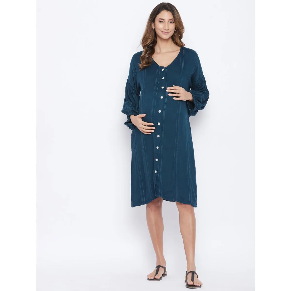 The Kaftan Company Solid/Plain Slub Cotton Maternity Dress - Navy Blue