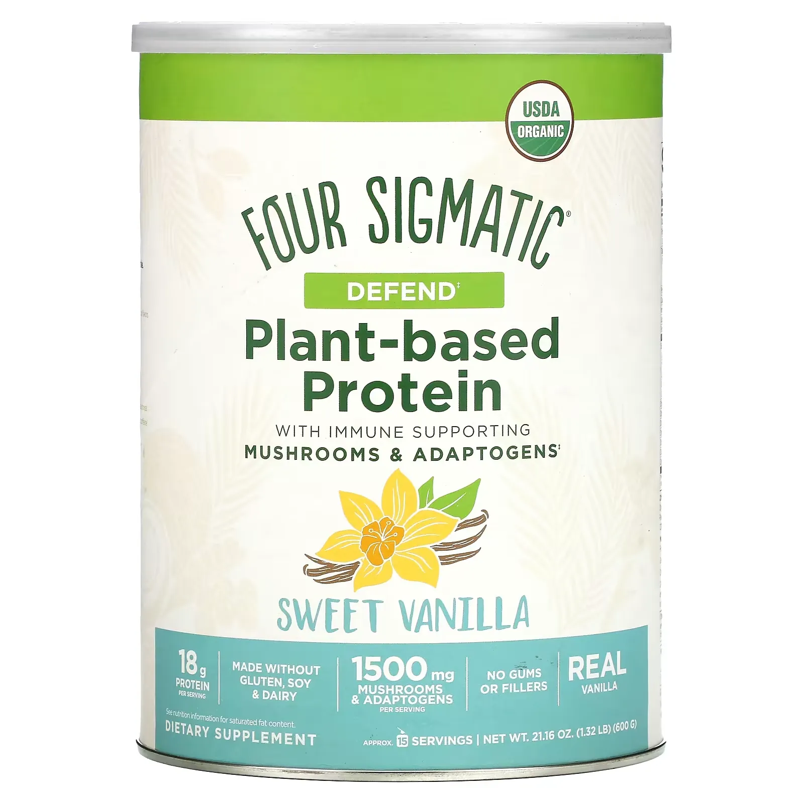 Plant-Based Protein with Immune Supporting Mushrooms & Adaptogens, Sweet Vanilla, 1.32 lb (600 g)