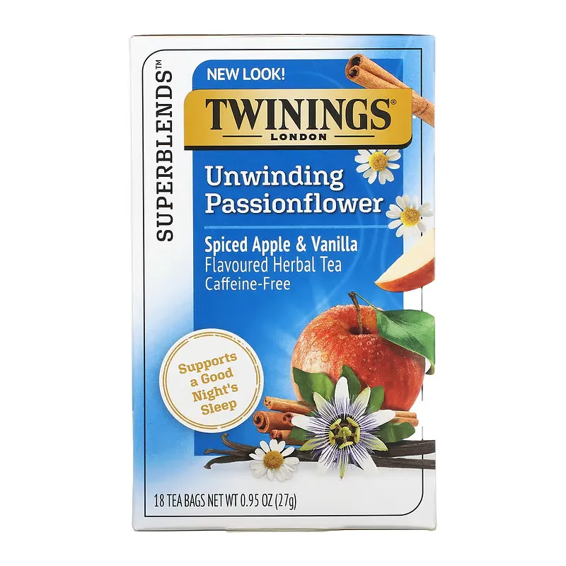 Unwinding Passionflower Herbal Tea, Spiced Apple & Vanilla, Caffeine Free, 18 Tea Bags, 0.95 oz (27 g)